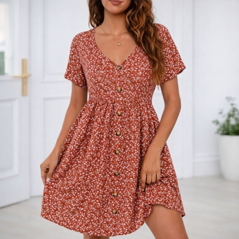 Floral Button Front Midi Dress Rust Orange Red Oversized Fit - XS - NWOT